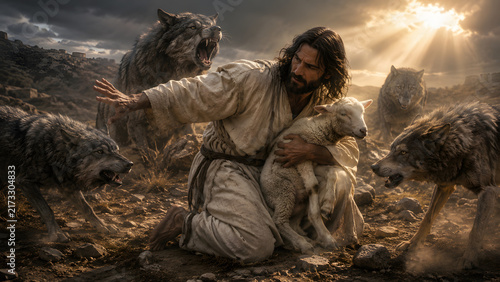 Jesus christ kneeling in a rocky desert landscape, protecting a small lamb from a pack of aggressive wolves, cinematic lighting and dramatic atmosphere