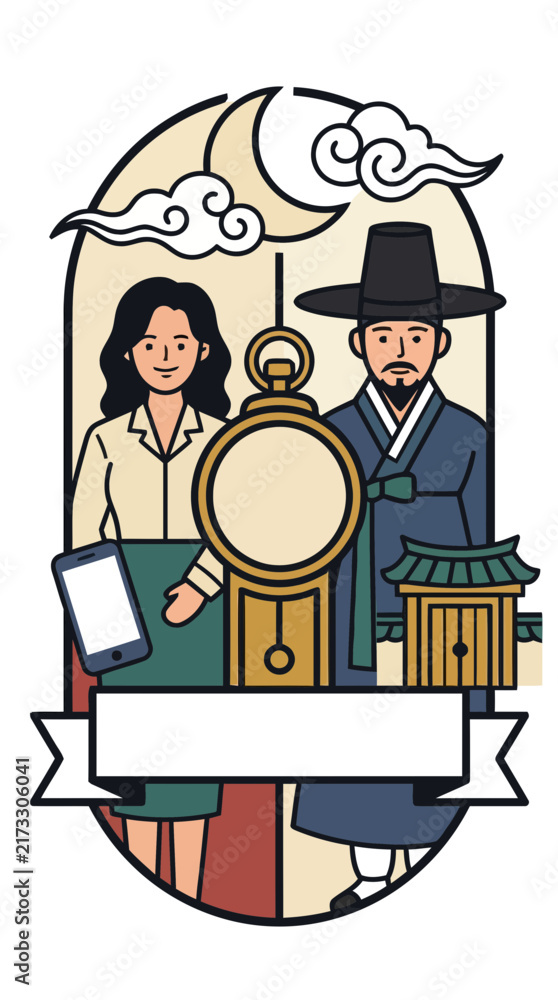 Obraz premium Korean couple in traditional and modern attire with cultural landmarks vector