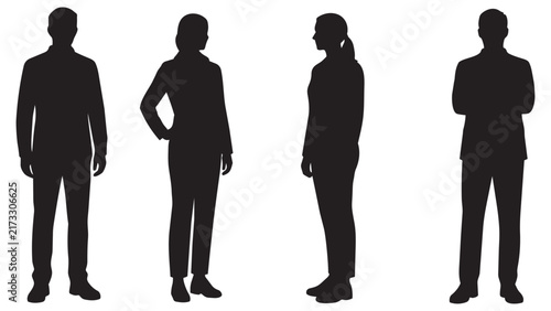 Professional Silhouette Figures in Business Attire Standing with Different Confident Body Language Positions for Presentations, Meetings, and Corporate Designs