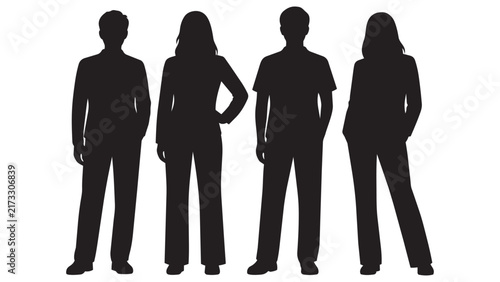 Set of Four Minimalist Black Silhouette Figures Standing Together - Modern Vector People for Presentations, Designs, and Illustrations