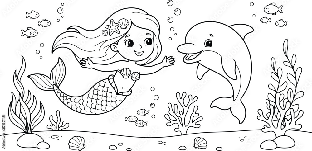Fototapeta premium A delightful underwater scene featuring two playful dolphins swimming among coral and seaweed perfect for creative coloring