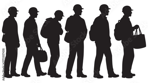 Silhouette Line Art of People Waiting in Queue with Bags and Briefcases - Minimalist Business Concept Illustration