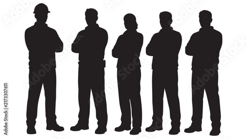 Silhouette of Five Business Professionals Standing Together with Arms Crossed - Corporate Team Silhouette for Presentations, Marketing, and Office Concepts