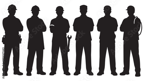 Set of Six Silhouette Construction Workers with Hard Hats and Tools Standing Together - Industrial Team Silhouette Vector Illustration
