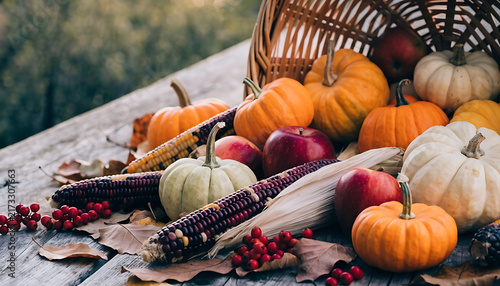 A rustic thanksgiving cornucopia filled with fresh autumn harvest pumpkins apples and colorful corn on a weathered wooden table