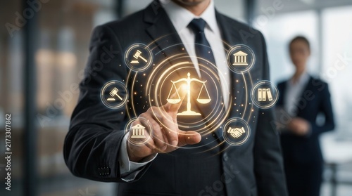 A businessman lawyer using digital justice icons to manage business legislation and notary public services.