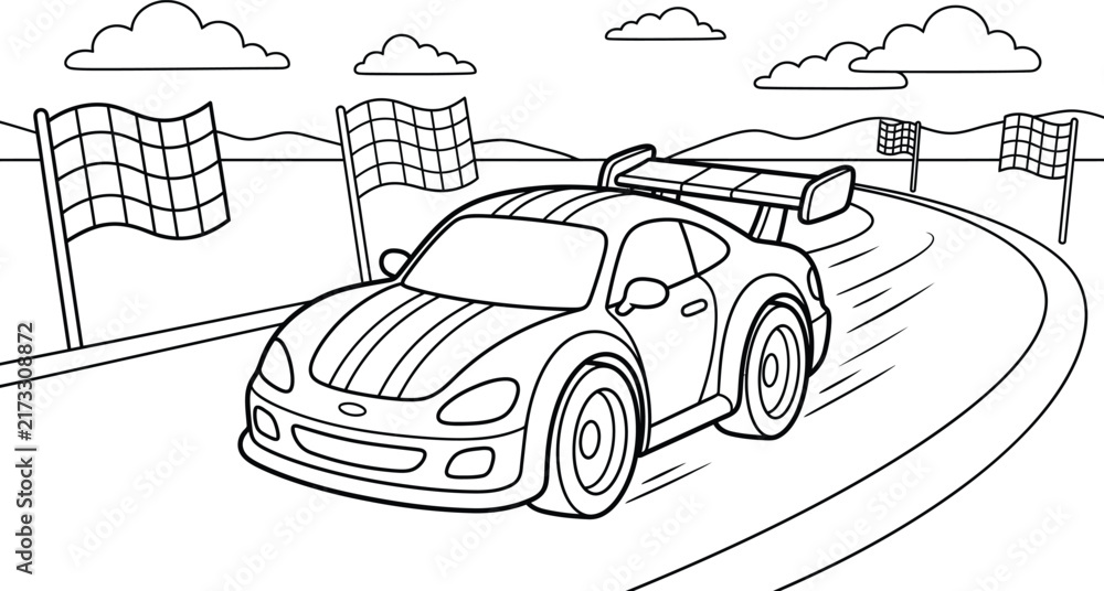 Fototapeta premium Experience the thrill of racing a detailed coloring page featuring a high speed sports car on the track