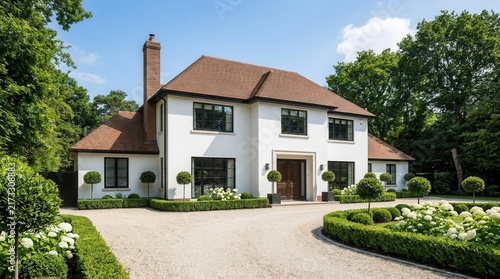 A modern white luxury residential home featuring a gravel driveway and elegant topiary.