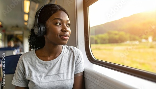 Young woman with headphones on, enjoying scenic train journey and looking out the window