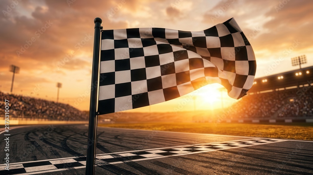Obraz premium Winning symbol of a race car competition with a chequered flag at the finish line.