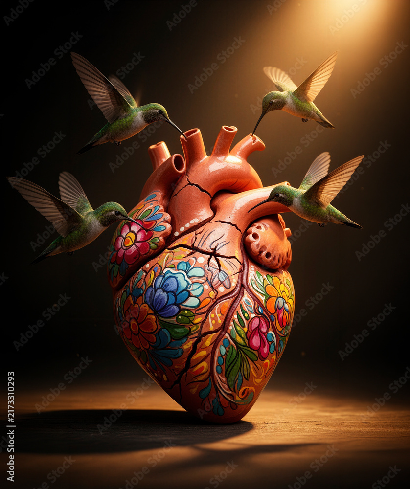 Fototapeta premium corazón anatómico, corazón humano, corazón de cerámica, cerámica artesanal, arte fantástico, arte conceptual, corazón roto, grietas, flores, flores azules, colibríes, colibrí, aves, naturaleza, amor, 