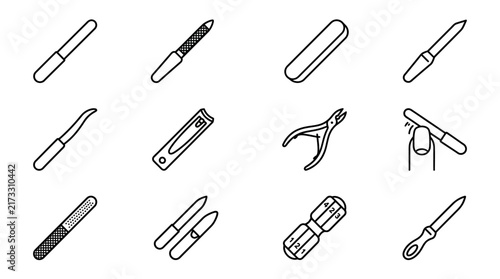 Industrial Black and White Line Drawing Set of Various Precision Cutting and Crafting Tools with high quality professional line art symbols for modern creative design and digital branding projects