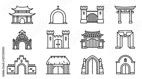 Industrial Black and White Line Icons Set of Various Architectural Gate Styles and Structures with high quality professional line art symbols for modern creative design and digital branding projects