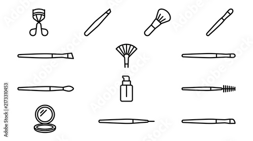 Industrial Black and White Line Drawing Set of Beauty and Grooming Tools and Accessories with high quality professional line art symbols for modern creative design and digital branding projects