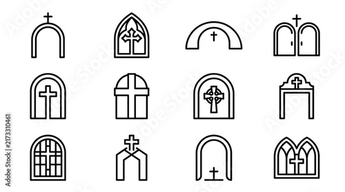 Industrial Black and White Line Icons Set of Various Church Architectural Elements and Symbols with high quality professional line art symbols for modern creative design and digital branding projects