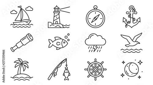 Industrial Minimalist Black and White Line Drawing Icons Set Featuring Nautical and Coastal Elements