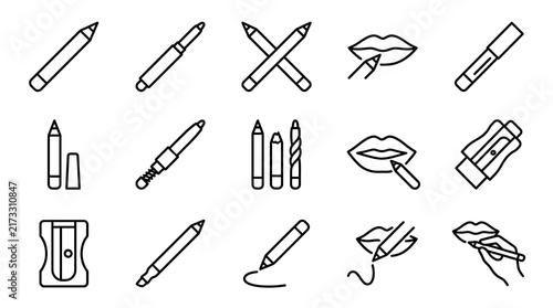 Professional Black and White Line Icons Set of School and Office Supplies with Lipstick and Scissors