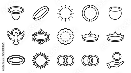 Professional Black and White Line Icons Set of Symbols Including Crowns Rings Hands and Various Abstract Shapes for Design Projects