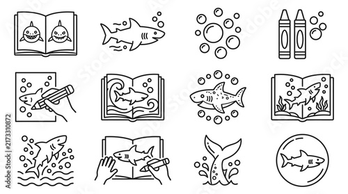 Sleek Black and White Line Art Illustrations Featuring Sharks Books Drawing Tools Bubbles and Marine Elements