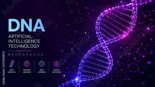 DNA helix background vector with glowing low poly wireframe structure. Artificial intelligence and biotechnology layout includes modern text and icons. Perfect template for science presentations.