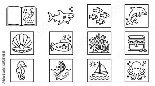 Sleek Black and White Line Art Icons Set Featuring Ocean Themed Illustrations and Underwater Adventure Elements