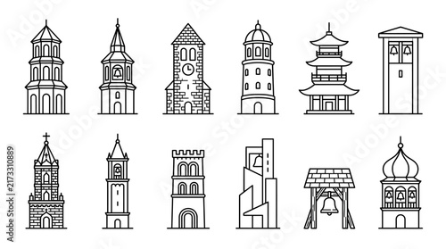 Sleek Black and White Line Drawing Icons of Various Architectural Styles of Bell Towers and Church Structures