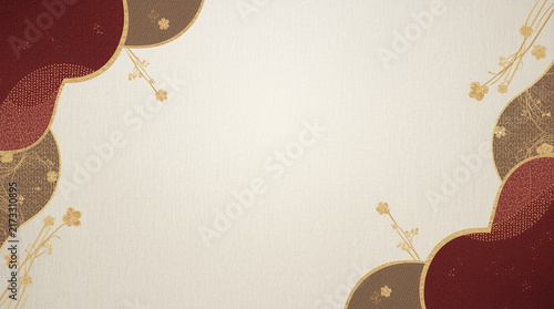 A luxurious abstract Japanese background featuring deep red and taupe woven fabric shapes, delicate gold floral branches, and ample copy space.