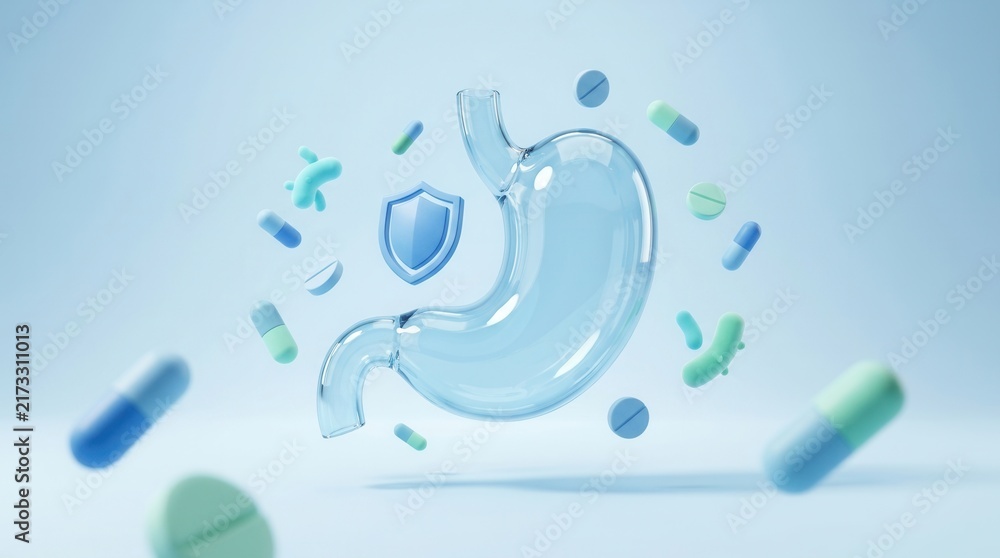 Fototapeta premium Medical concept of stomach health with a protective shield, bacteria, and pharmaceutical pills for wellness.
