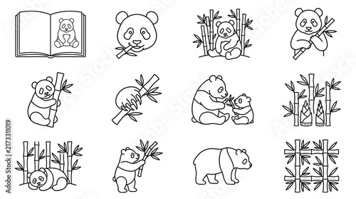 Clean Black and White Minimalist Panda Illustrations with Bamboo and Storybook Elements Art with high quality professional line art symbols for modern creative design and digital branding projects