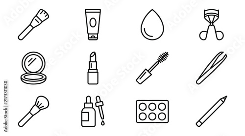 Clean Minimalist Black and White Line Art Icons Set of Beauty and Makeup Tools and Products with high quality professional line art symbols for modern creative design and digital branding projects