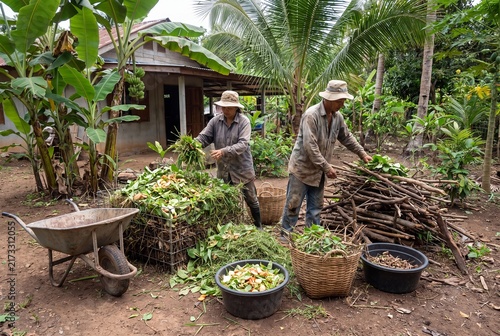 Local Farmers Gathering Natural Materials and Preparing Organic Fertilizer in Tropical Garden
