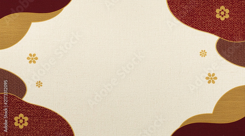 An elegant traditional Japanese background featuring red and gold woven textile clouds, delicate gold plum blossoms, and ample blank space for design.