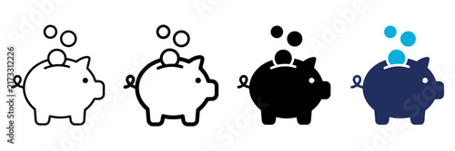 Принти на полотні Piggy bank icon set with coins, financial savings symbols in outline and silhoue