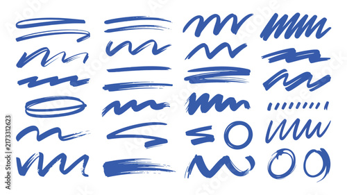 Set of blue hand drawn marker brush strokes and highlight lines
