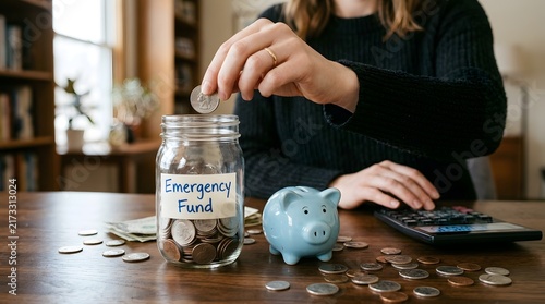 Woman Saving Coins in Emergency Fund Jar Beside Piggy Bank at Home