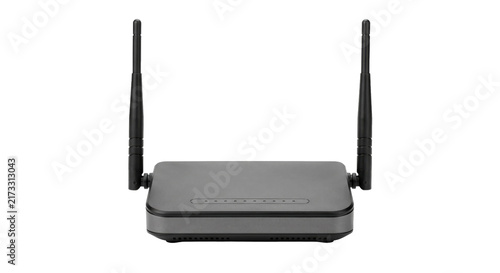 Foto Modern wireless router with antennas for home or office network connectivity