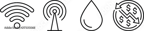 Miscellaneous vector line art icon set featuring wifi signal antenna tower water drop and dollar financial decrease graphics