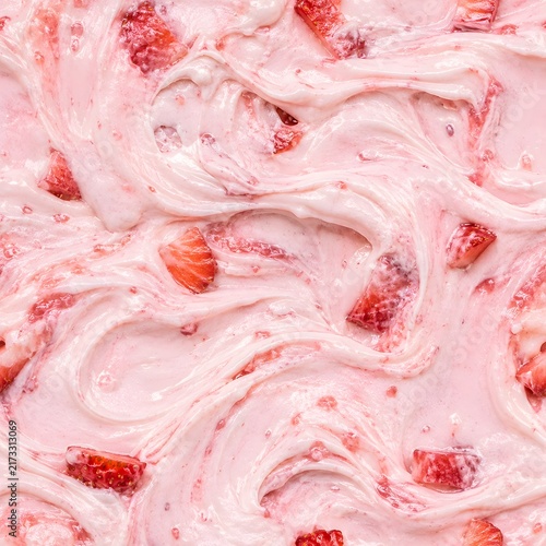 Strawberry Cream Swirl Texture with Fresh Fruit Chunks Macro, Pink Yogurt Dessert Close-Up