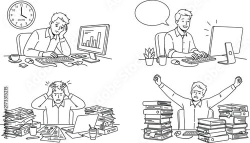 Office worker stress and productivity vector line art set with tired angry busy happy businessman at computer desk