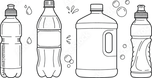 Plastic water bottles vector line art set with reusable sports drink jugs container bubbles and liquid splash elements