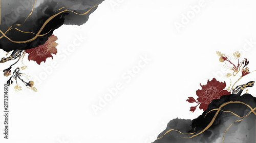 A sophisticated abstract Japanese background featuring black ink washes, deep red peony flowers, and wavy gold lines on a white canvas with ample copy space.