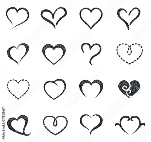 Set of various heart shapes with black speckle texture, ideal for expressing love romance and emotional connection.