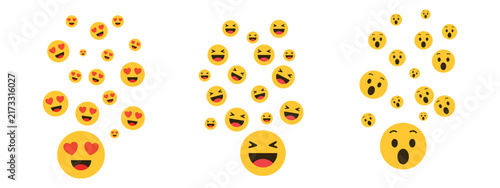 Set of floating yellow emoji reaction icons with love heart eyes laughing and surprised expressions for social media background