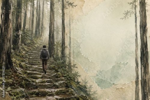 Lone Hiker Climbing Moss-Covered Stone Steps Through a Misty Japanese Cedar Forest. AI generative
