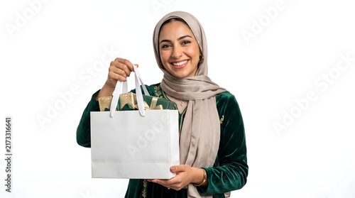 Smiling young woman wearing a hijab holding a white shopping bag isolated on white background.
