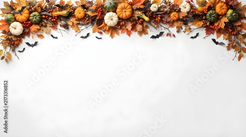 Halloween border made of pumpkins, autumn leaves, berries, and bats isolated on white background