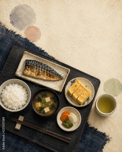 Traditional Japanese Breakfast with Grilled Mackerel, Rice, Miso Soup, Tamagoyaki, Pickles and Green Tea. AI generative