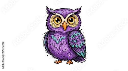 Colorful cartoon owl illustration with big eyes and vibrant purple feathers in a unique artistic watercolor sketch style for creative projects