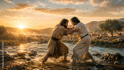 Jacob wrestling with an angel in a river at sunset, biblical scene, intense struggle, dramatic lighting, historical religious illustration