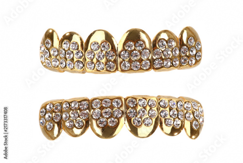 Bild auf Leinwand Luxury Gold Plated Dental Grillz Set Encrusted with Sparkling Clear Stones